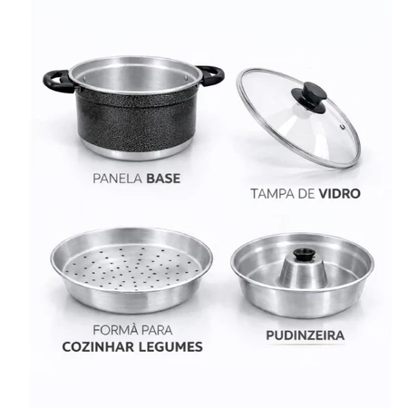 Peças: panela base, tampa de vidro, forma para legumes e pudinzeira