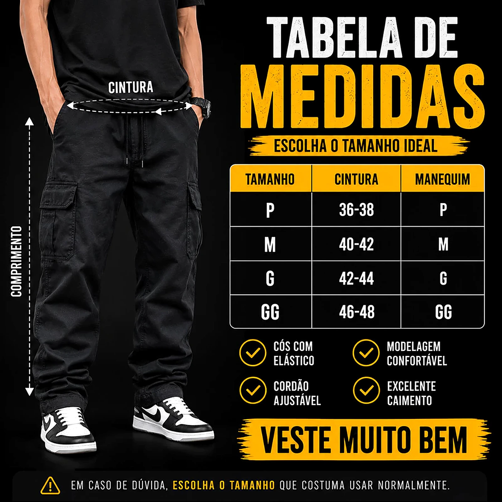 Tabela de medidas da calça cargo