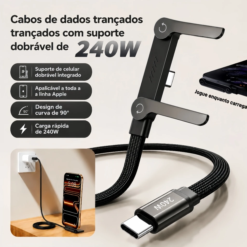 Kit Carregamento Turbo 240W · Cabo USB-C 1,5m com Suporte + Fonte Turbo 240W