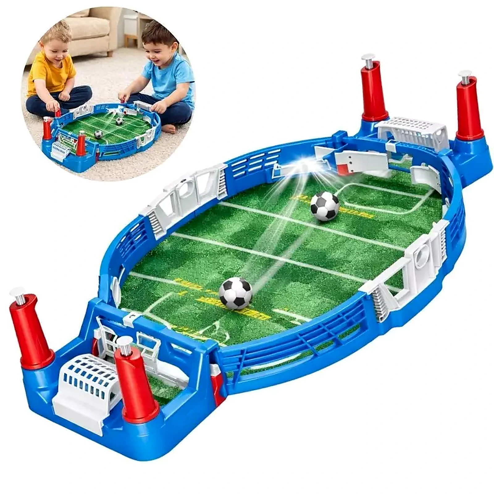 Jogo de futebol de mesa com campo, lançadores e duas bolinhas
