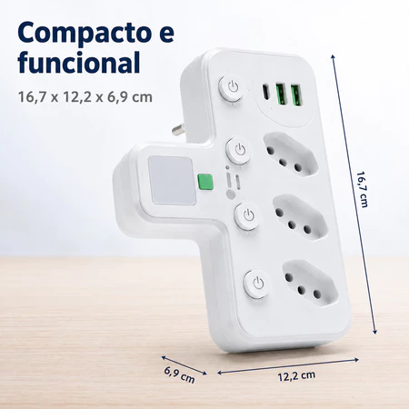 Tomada multifuncional com botão liga desliga e potência 2500W