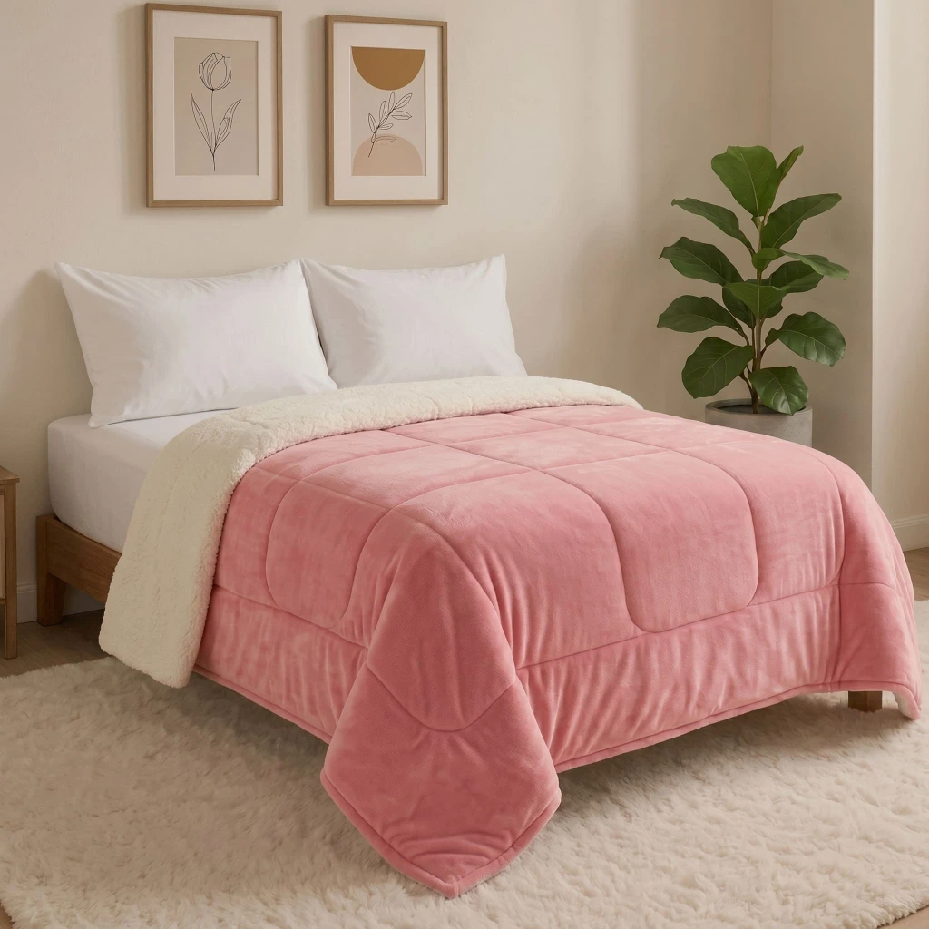 Coberdrom sherpa dupla face na cor rosé sobre cama queen
