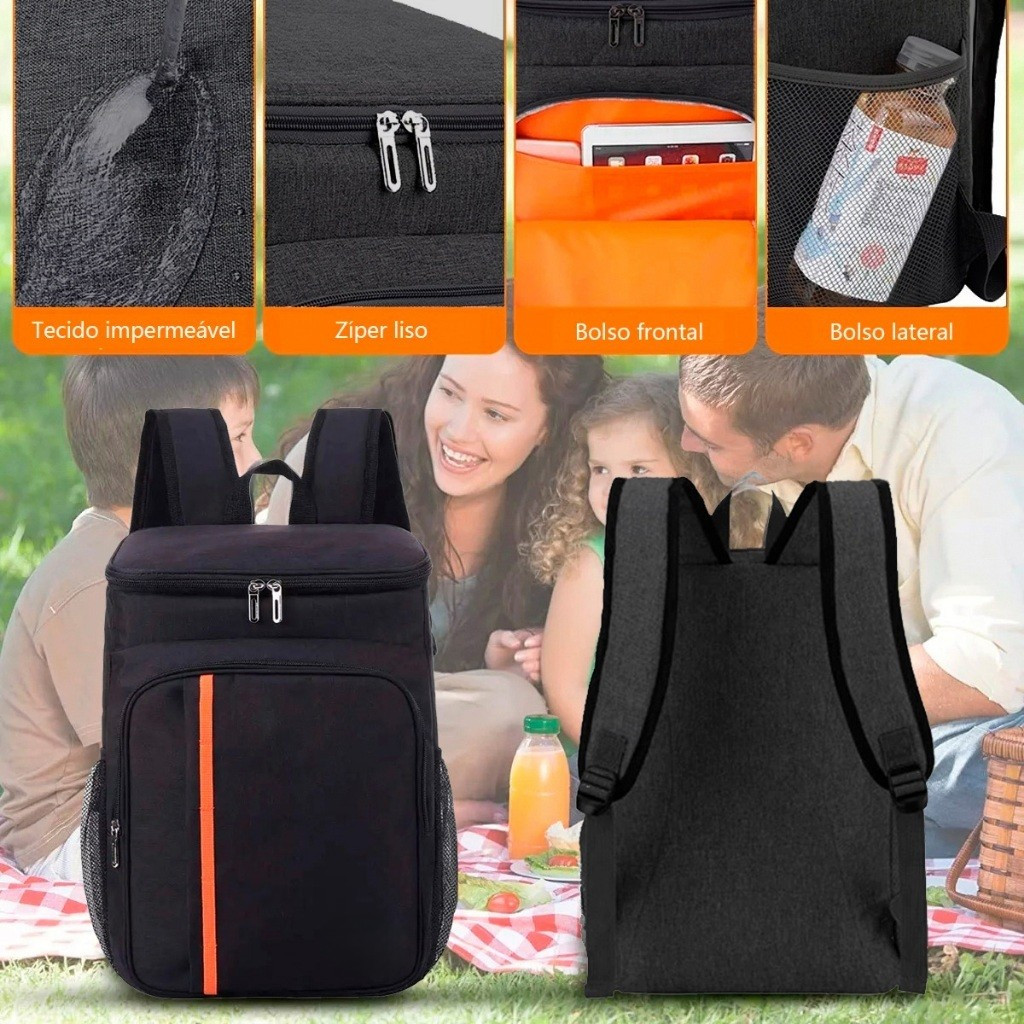 Detalhes: tecido impermeável, zíper liso, bolso frontal e bolso lateral