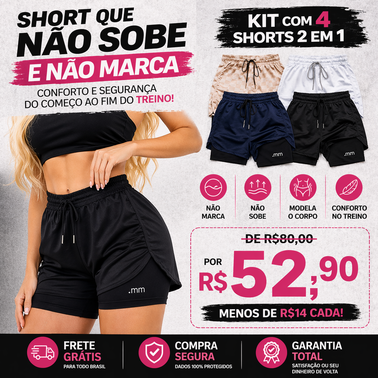 KIT 4 Shorts Duplo Compreensão Fitness Bermuda Academia Feminino 2 em 1