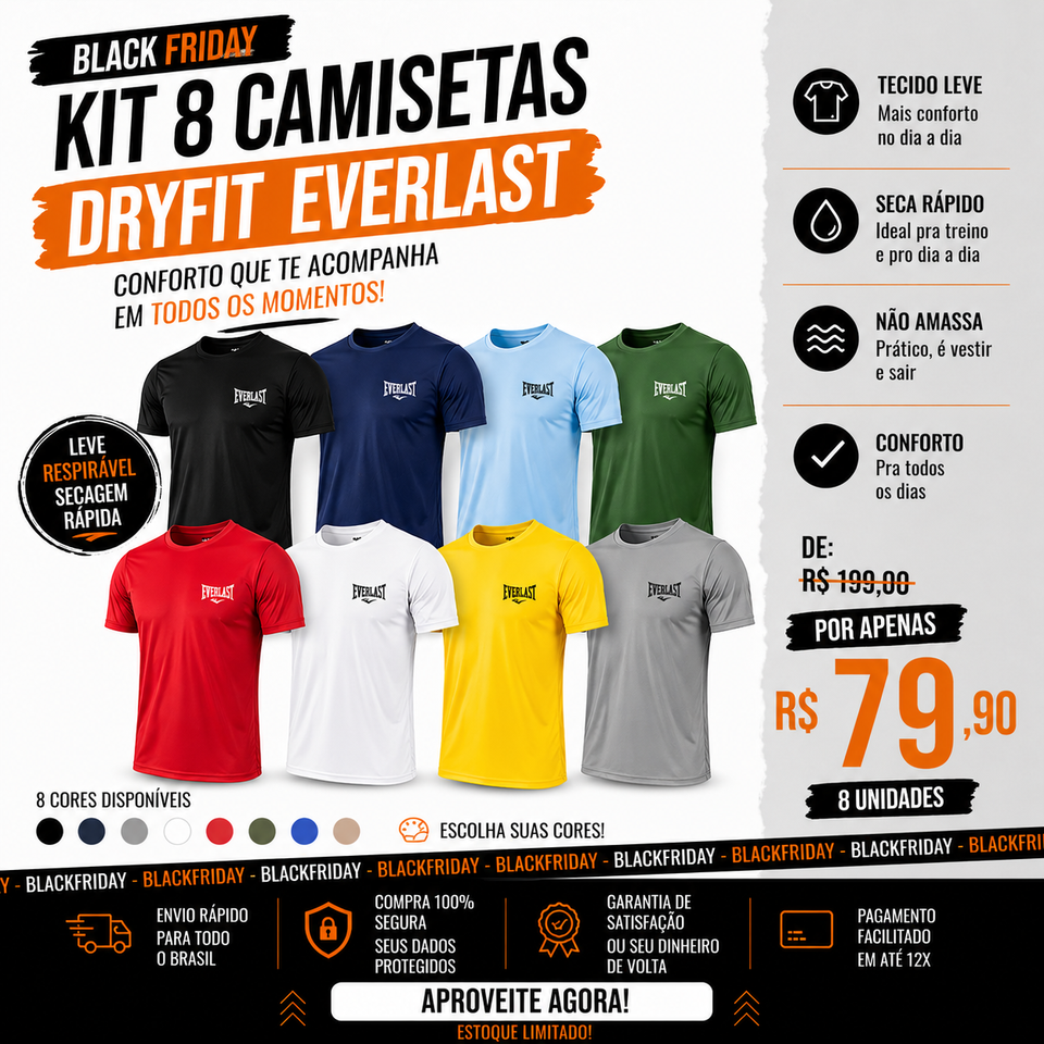8 Camisetas Everlast - Frete grátis