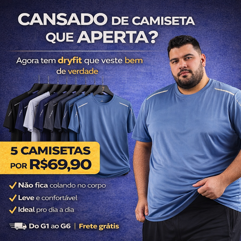 Kit 5 Camisetas DryFIT Plus Size - Frete Grátis