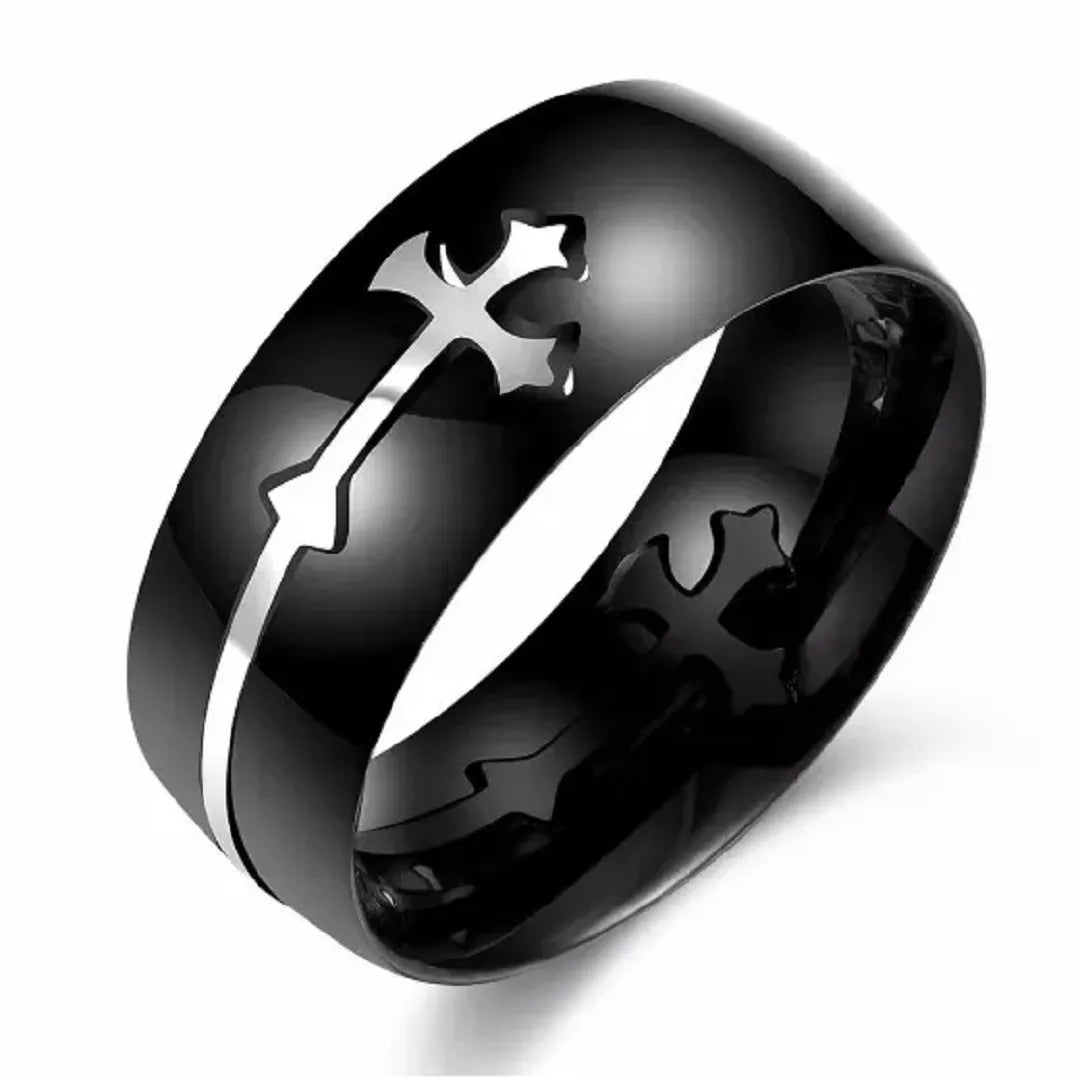 Anel Titânio Preto Cruz Prata Religiosa Luxo