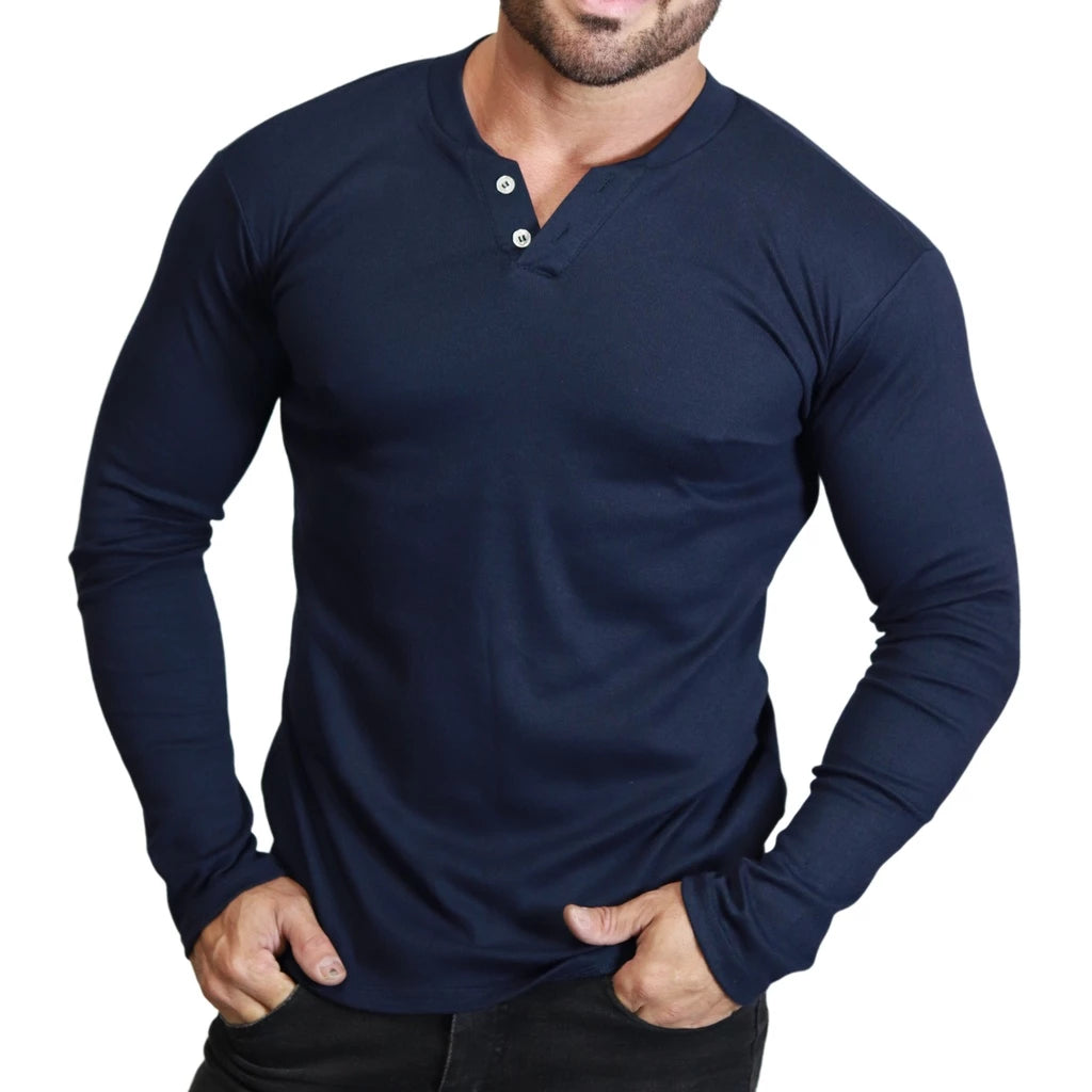 Camiseta Henley Masculina J Silver Slim Fit Manga Longa 2 Botões