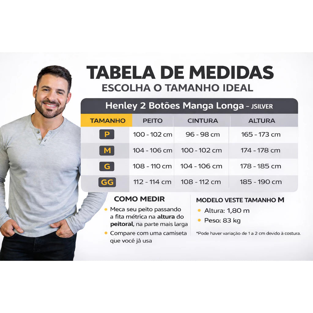 Camiseta Henley Masculina J Silver Slim Fit Manga Longa 2 Botões