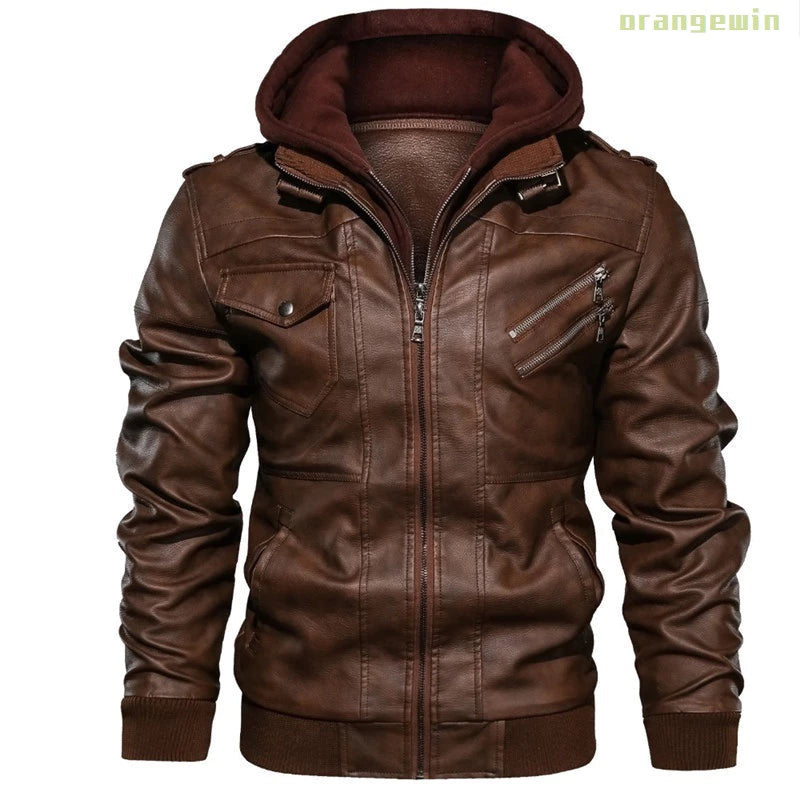 Jaqueta Masculina Com Capuz De Couro