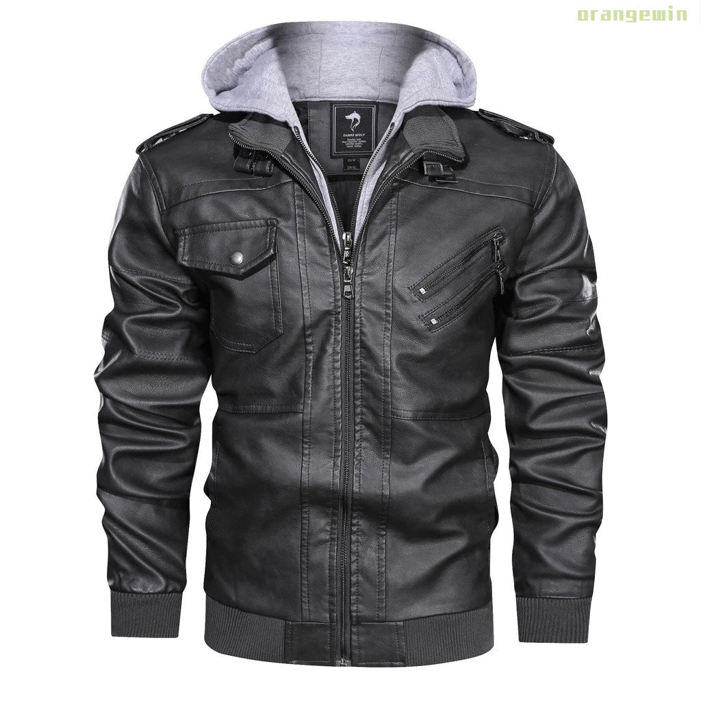 Jaqueta Masculina Com Capuz De Couro